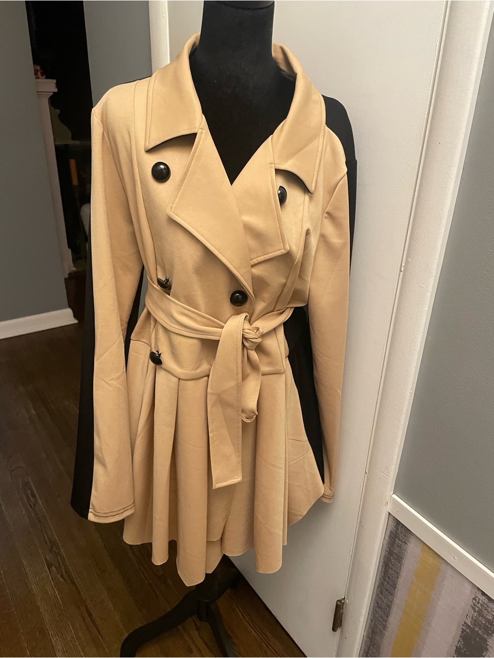 Beige Double-Breasted Trench Coat with Tie Belt